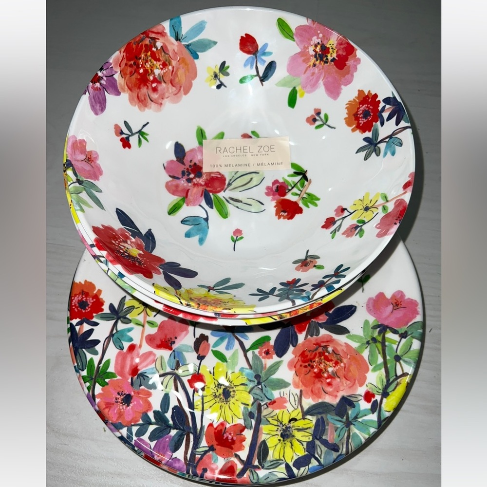 8pc Rachel Zoe  4 MELAMINE DINNER PLATES  Spring Flowers 4 BOWLS NEW